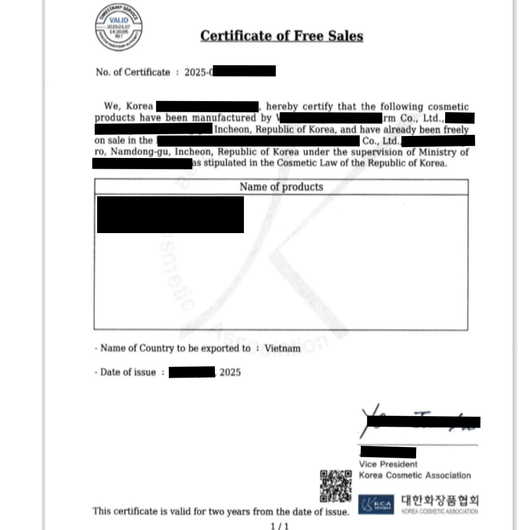 수출 대상국이 베트남으로 명기된 영문 증명서로 발행 번호와 유효기간 문구가 하단에 표시된 베트남 제출용 서류입니다.